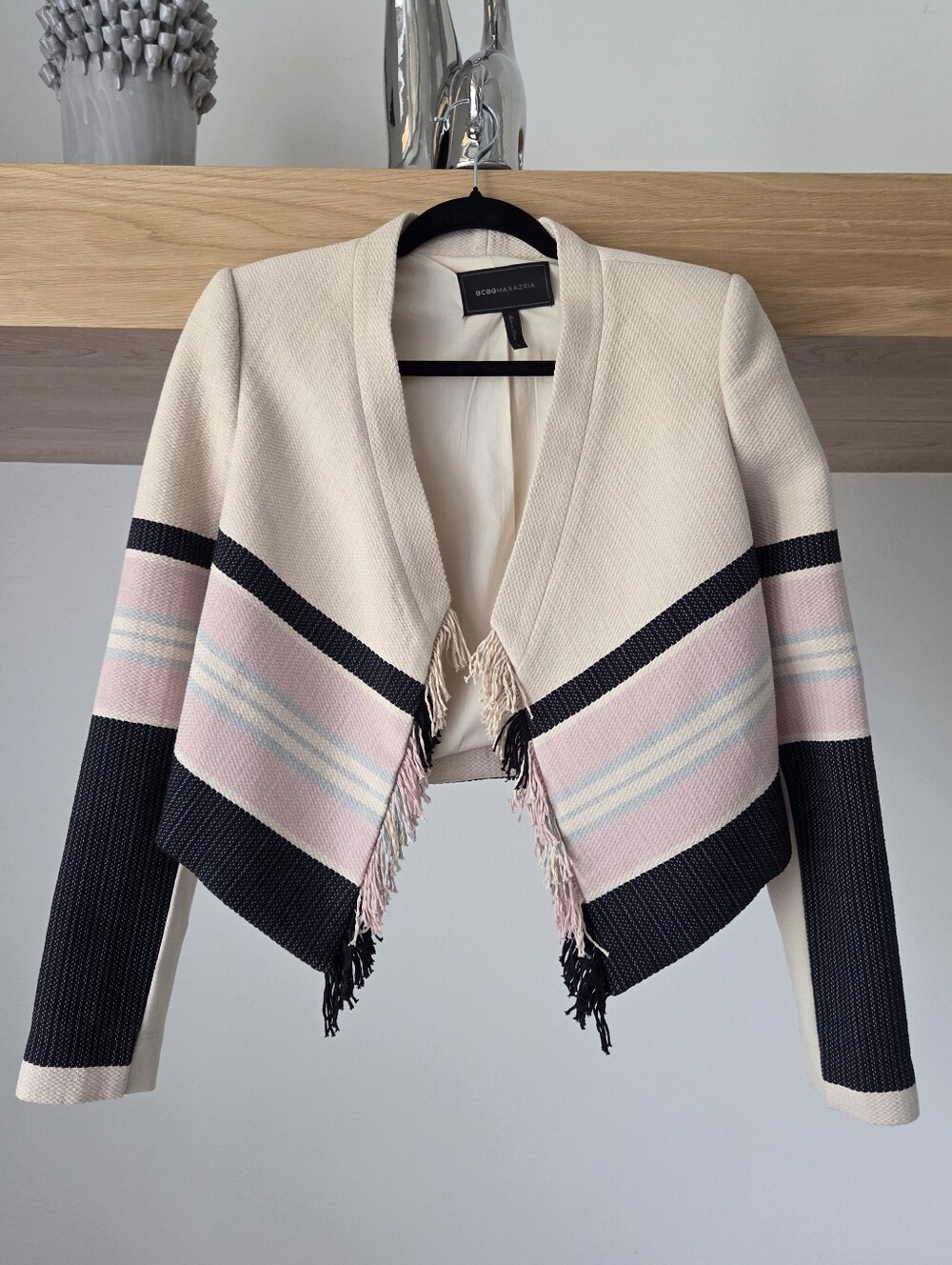 (BNWOT) BCBGMAXAZRIA Ivory Asymmetrical Fringe Knit Jacket